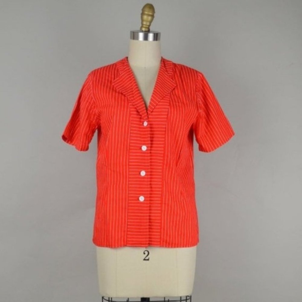 Vintage 1980s Red & White Striped Short Sleeve Button Down Shirt Small Medium